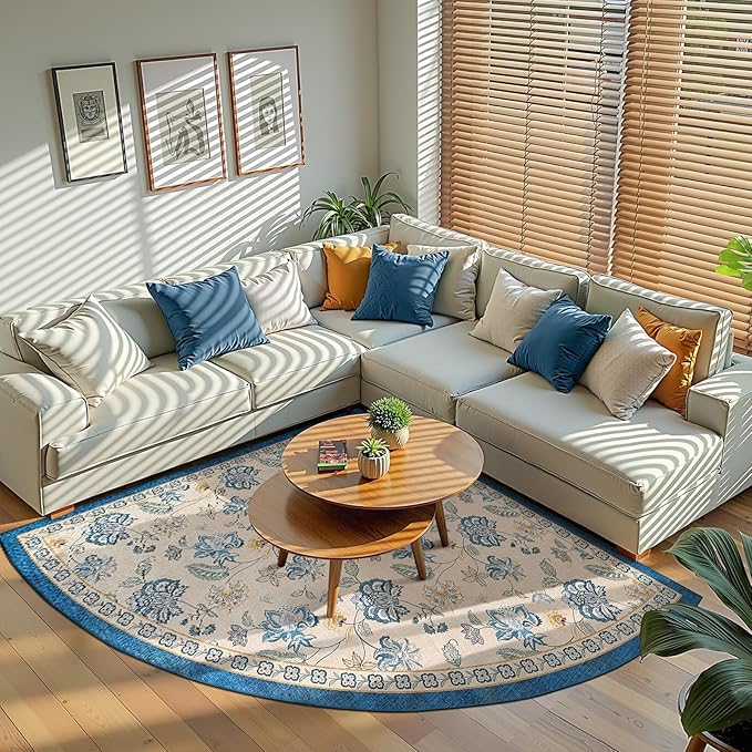 jinchan Floral Corner Rug for Kitchen Washable Nursery Rug Vintage Romance Design Non Slip Quarter Circle Lightweight Low-Pile Throw Carpet for Playroom Reading Nook Office, 5ft Radius, Blue/Beige