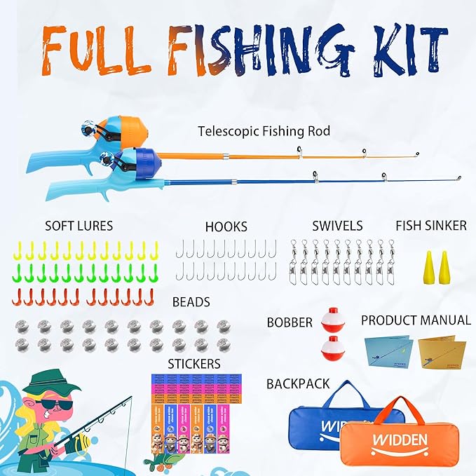 Kids Fishing Pole, Telescopic Fishing Rod, Toddler Collapsible Fishing Rod and Reel Combo with Tackle Box, Fishing Line, Bobber, and Soft Lures for Boy, Girl, Youth, Beginner, Over 4 Years Old