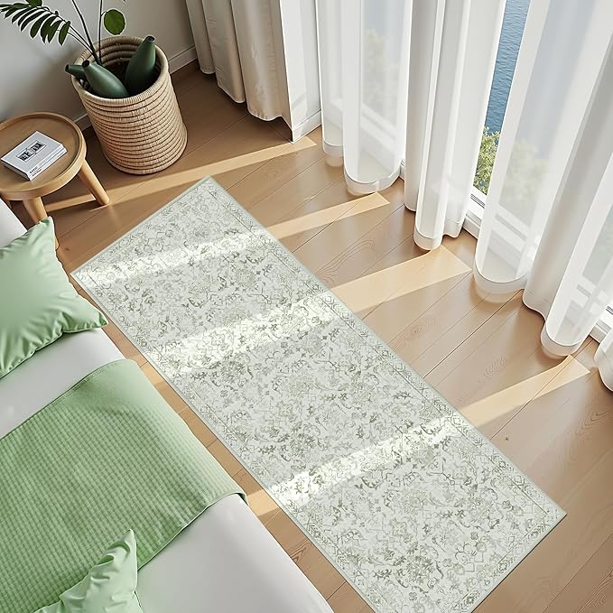 Sage 3x7 Runner Rug for Hallways Bed Side Kitchen, Boho Washable Distressed Low-Pile Floor Entryway Long Bathroom Mat, Non-Slip Laundry Room Washstand Front Carpet Green 36x84 Inch