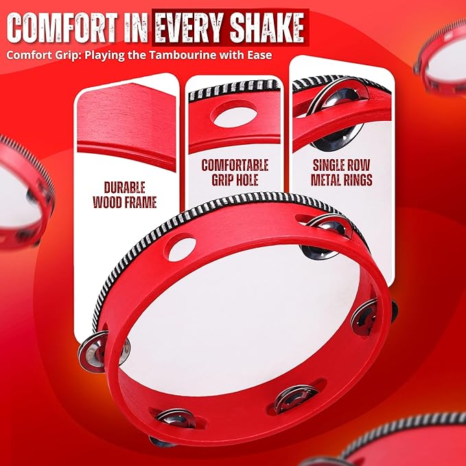 Flexzion Wood Handheld Tambourine 8" Inch Single Row 5 Pair Jingles (2 Pack, Red) - Hand Held Percussion Drum Moon Musical Tambourine with Ergonomic Handle Grip