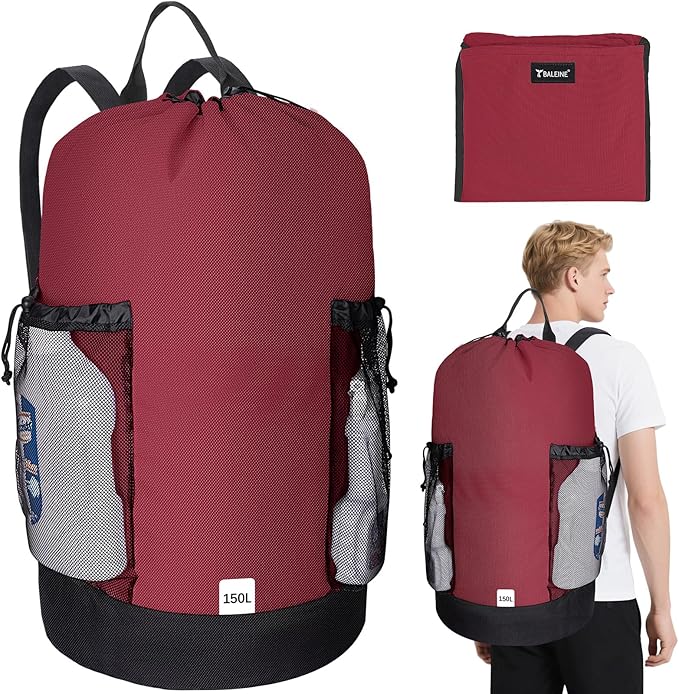 BALEINE 150L Laundry Bag Backpack, 900D Oxford Fabric Large Travel Laundry Bags with Shoulder Straps and 2 Mesh Pockets for College Dorm, Apartment, Laundromat (Red, 150L) ﻿