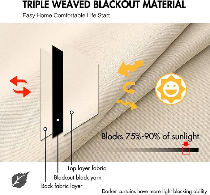 ANRODUO Back Tab Blackout Curtains for Bedroom Living Room, Rod Pocket Pinch Pleated Thermal Insulated Room Darkening Curtains 90 Inches Long 2 Panels, Cream Beige, 52 x 90 Inch