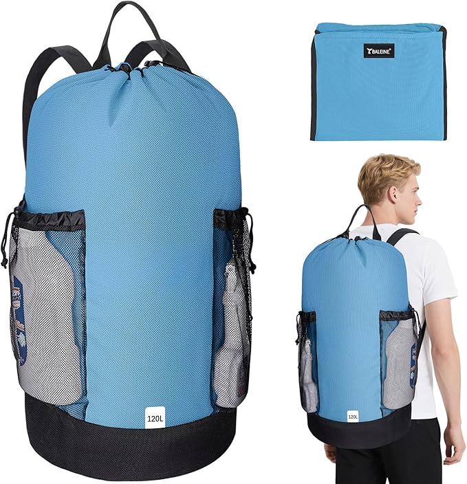 BALEINE 120L Laundry Bag Backpack, 900D Oxford Fabric Large Travel Laundry Bags with Shoulder Straps and 2 Mesh Pockets for College Dorm, Apartment, Laundromat (Blue, 120L)