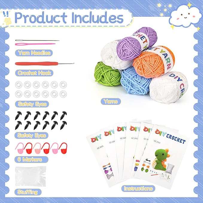 VICWARLWX 6 Pack Crochet Kit for Beginners Kids, Crochet Animal Kit for Kids, Knitting Kit for Beginners, Crochet Starter Kits, Animal Craft Knitting Crocheting Kits with Step-by-Step Video Tutorials