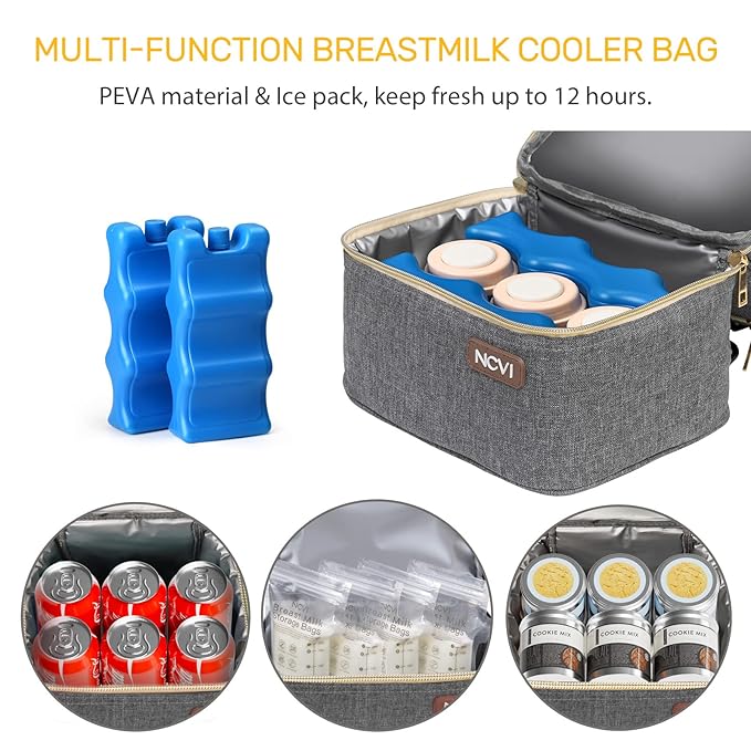 NCVI Breastmilk Cooler Bag with 2 Ice Pack, Breast Pump Bag with Cooler Fits 6 Bottles, Double Layer Breast Milk Baby Bottle Cooler Bag, for Travel, Nursing Mom Daycare, Work, Picnic (Grey)