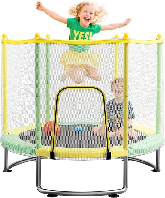 Kids Trampoline with Safety Net – 440lbs Capacity, Upgraded Rust-Proof Ring Legs, Adjustable Gymnastics Bar & Toys – Indoor Outdoor Toddler Trampoline for Boys & Girls Ages 1-8