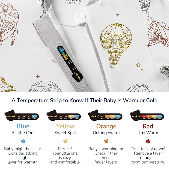 Baby Sleep Sack 12-18 Months, Cotton Detachable Long Sleeve Sleep Sack, 2.5 Tog Toddler Sleeping Sack with Temperature Strips, 2-Way Zipper Wearable Blankets for Newborns, Hot Air Balloon