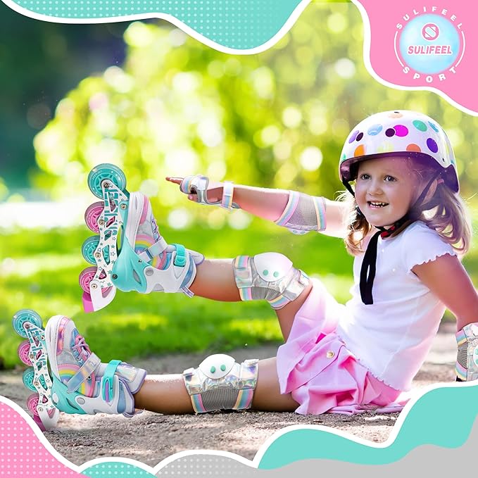 SULIFEEL Rainbow Unicorn Inline Skates for Girls Boys 4 Size Adjustable Light up Wheels Skates for Kids Beginner