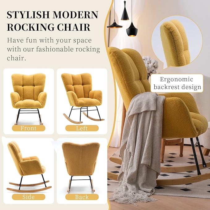 NIOIIKIT Nursery Rocking Chair Teddy Upholstered Glider Rocker Rocking Accent Chair Padded Seat with High Backrest Armchair Comfy Side Chair for Living Room Bedroom Offices (Yellow Teddy)