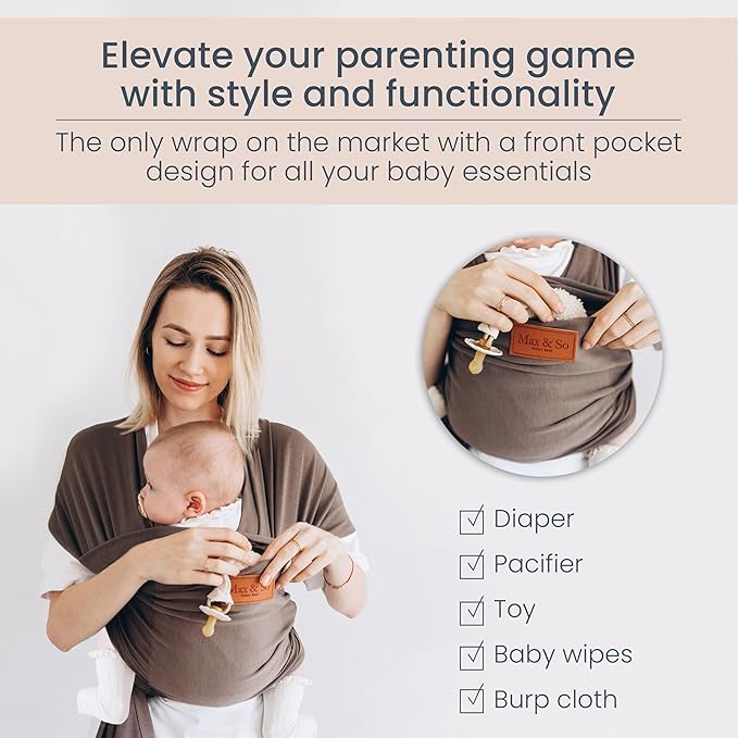 Baby Wrap Carrier - Premium Cotton Baby Carrier Wrap for Newborn to Toddler- Infant Carrier for Babies 8-35 lb - Baby Holder One Size Fits All with Front Pocket by Max&so