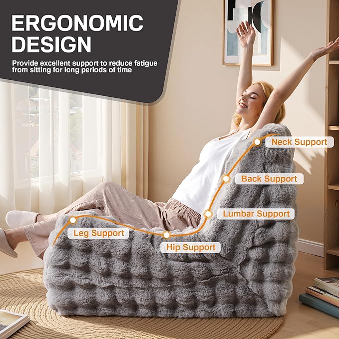 Modern Bean Bag Chair, Large Bean Bag Couch for Adults with Memory Foam Filled, Soft Faux Bunny Fur Lazy Chair for Living Room Bedroom Dorm Apartment, No Assembly Required, Grey