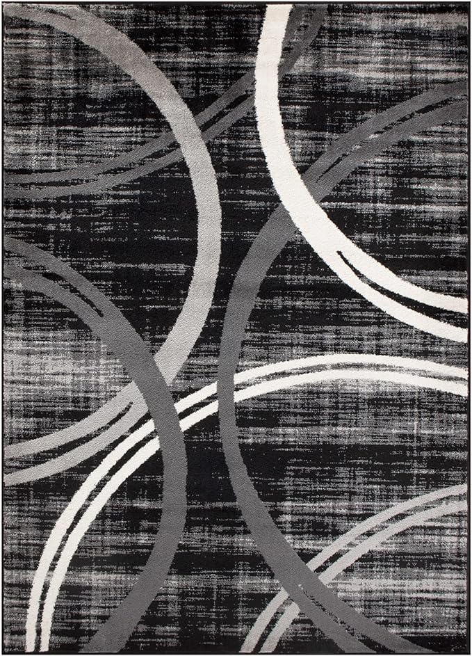 Rugshop Modern Wavy Circles Design Area Rug 6'6" x 9' Black