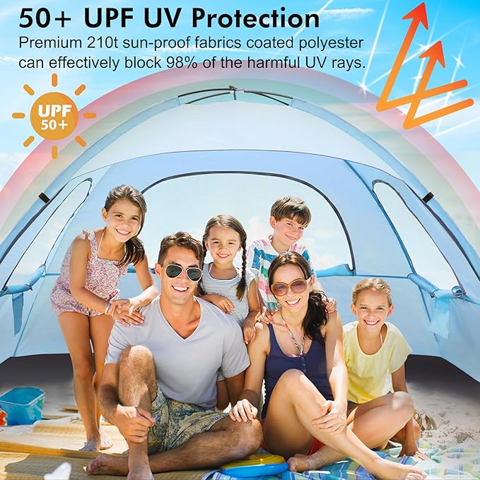 WhiteFang Beach Tent Anti-UV Portable Sun Shade Shelter for 3/4/6/8 Person, Extendable Floor with 3 Ventilating Mesh Windows Plus Carrying Bag, Stakes and Guy Lines