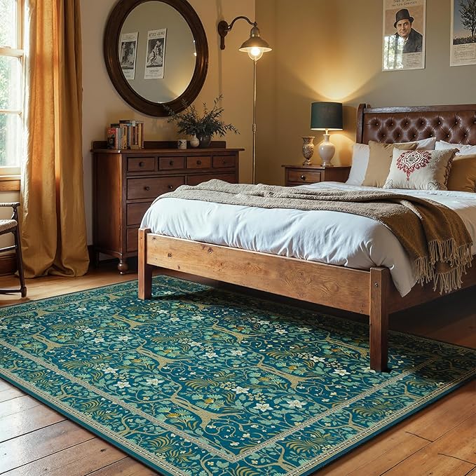 Joydeco Washable Area Rugs 5x7, Boho Floral Dining Room Rug Non Slip, Soft Low-Pile Botanical Forest Indoor Floor Throw Carpet for Living Home Office Playroom Foyer, Dark Blue