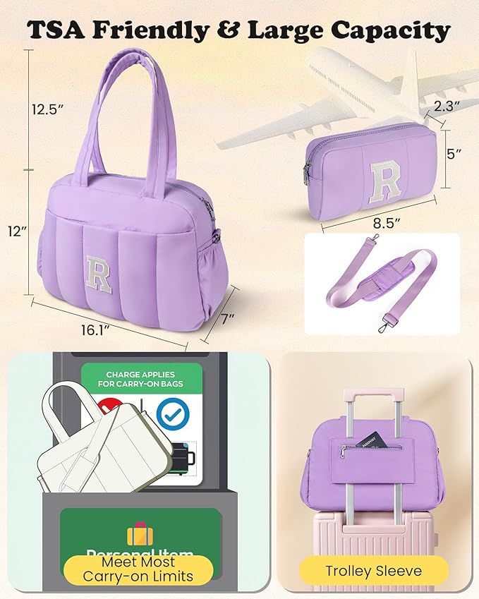 Initial Duffle Bag, Carry On Bags for Women，Gift Idea for Women Her-Overnight Bag with Wet Pocket，Lightweight Travel Bags Personalized Gym Tote with Makeup Pouch