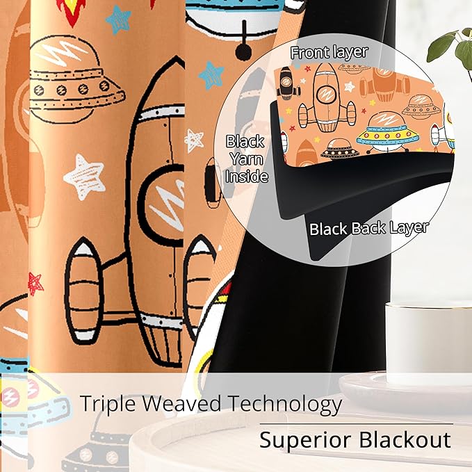 Kids Space UFO Rocket Blackout Curtains - 100% Blackout, Thermal Insulated, Noise Reducing, Perfect for Kids Room and Nursery, 2 Panels (Sunny Space Parade, W52×L63)
