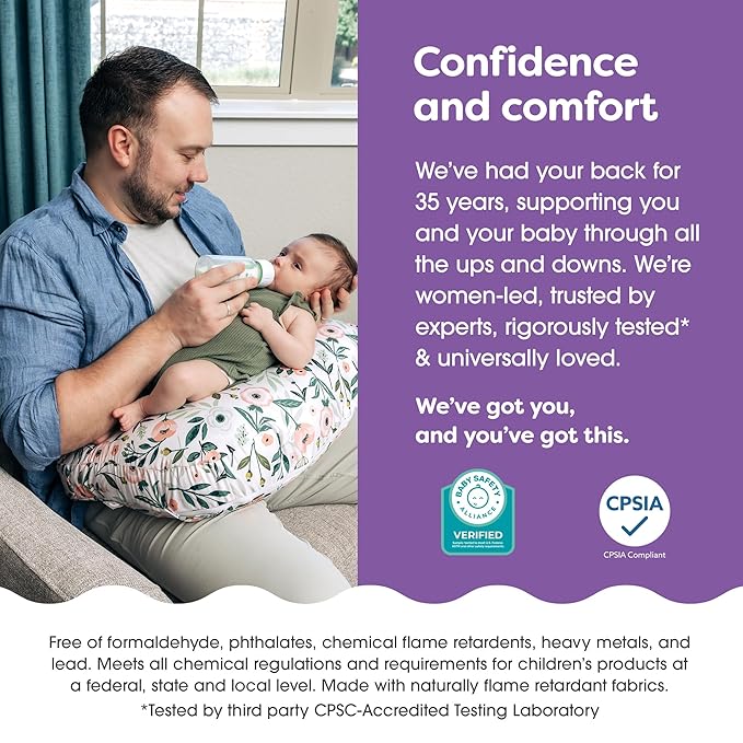 Boppy Nursing Pillow - Ergonomic Bottle & Breastfeeding Pillow with High, Firm, Large Area, Water-Repellent Cushion with Washable Cover; Baby Safety Alliance Verified - Pink Garden Flowers