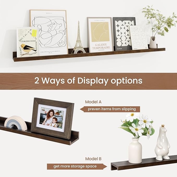 Picture Ledge Shelf, Solid Pine Wood Floating Shelves Set of 2, 40 Inches Nursery Book Shelves for Toys Storage, Kids Bookshelf Wall Mounted for Living Room Bedroom Decor Books Photo Frames, Walnut