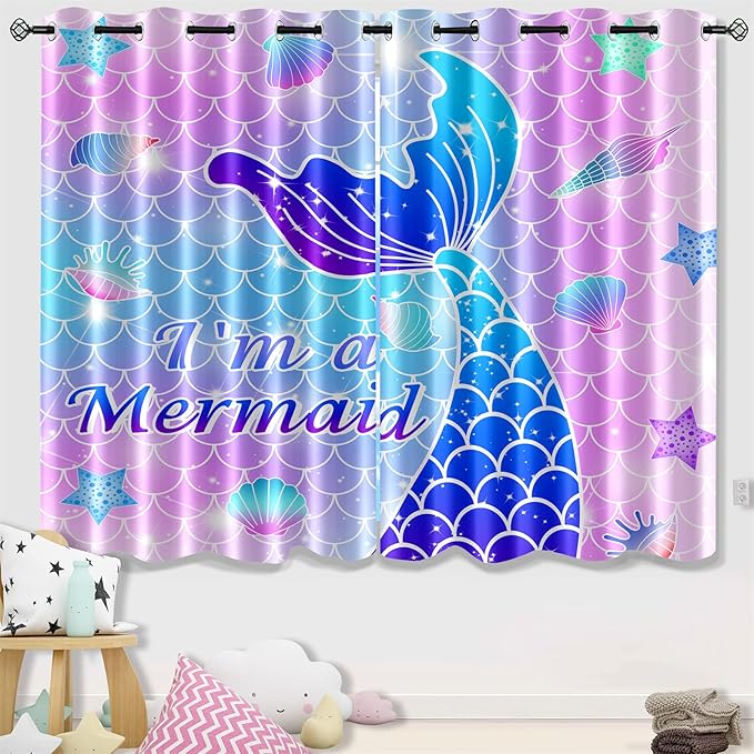 Mermaid Curtains Panels for Girls Room Pink Mermaid Blackout Curtains 63 inch Length for Girls Bedroom Living Nursery Room Grommet Top Thermal Insulated Curtains, 2 Pcs Panels, 82" x 63"