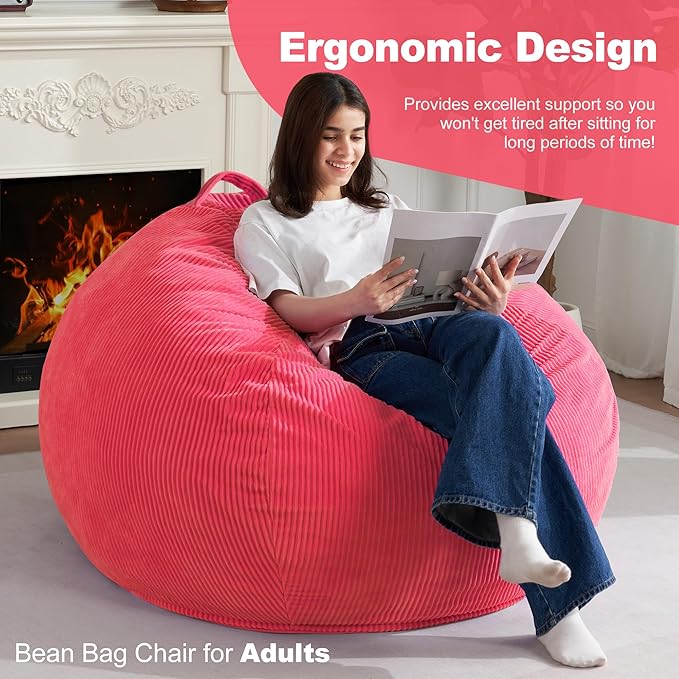 Homguava 3.5FT Bean Bag Chair: Teardrop Bean Bags with Memory Foam Filled, Compact Beanbag Chairs Soft Sofa with Corduroy Cover (Pink)