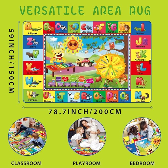 ABC Rug for Kids Room, ABC Mats for Floor Toddlers, Alphabet Play Mat Elementary Preschool Kid's Rugs wtih ABC, Numbers, Animals - (78.7x59 Inches)
