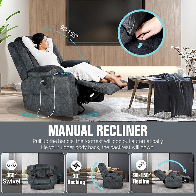 Retro Rocking Recliner Chair, Massage Rocker Recliner Chair with Vibration Massage and Heat, USB and Type-C Ports,360° Swivel Chairs,Living Room, Bedroom, Nursery, RV, Dark Grey