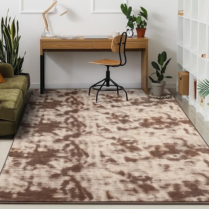 Kimicole 7x10 Washable Area Rugs for Living Room Bedroom, Large Low Pile Ulta-Thin Solid Color Rug, Non-Slip Soft Fluffy Carpet for Nursery Kids Room Dorm Room Home Decor (Brown)