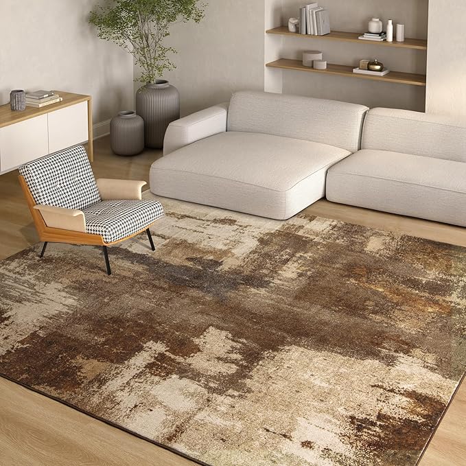 Kelarea Living Room Rug, 4x6 Rug Modern Abstract Washable Rugs Brown Foldable Faux Wool Vintage Carpets, Non Slip Rug for Bedroom, Dining Room, College Dorm, Kids Playroom, Home Office