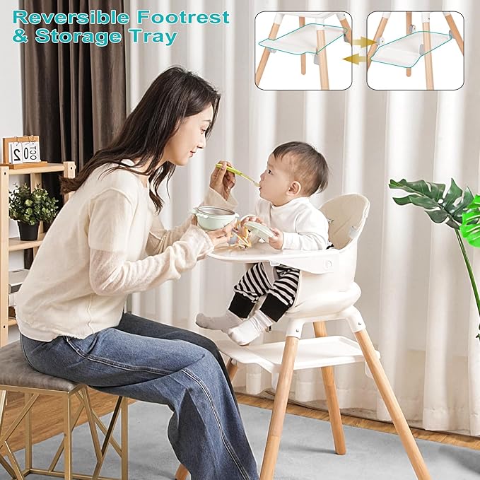 Baby High Chair, 6 in 1 Wooden Convertible High Chairs for Babies and Toddlers, Booster Seat with Double Tray & Reversible Footrest Baby Highchair, 5-Point Harness Baby Feeding Chair, Beige