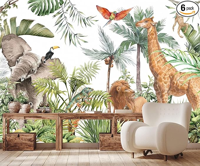 Kids Safari Giraffe Wallpaper Tropical Palm Tree Jungle Forest Plants and Animals Wall Mural for Nursery Living Room Bedroom Dining Room Basement(Not Self-Adhesive)