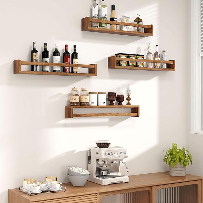 Fun Memories Nursery Book Shelves - Rustic Natural Solid Wood Floating Bookshelf for Kids - Wall Book Shelves for Kids Room (Carbonized, 24inch - 4P)