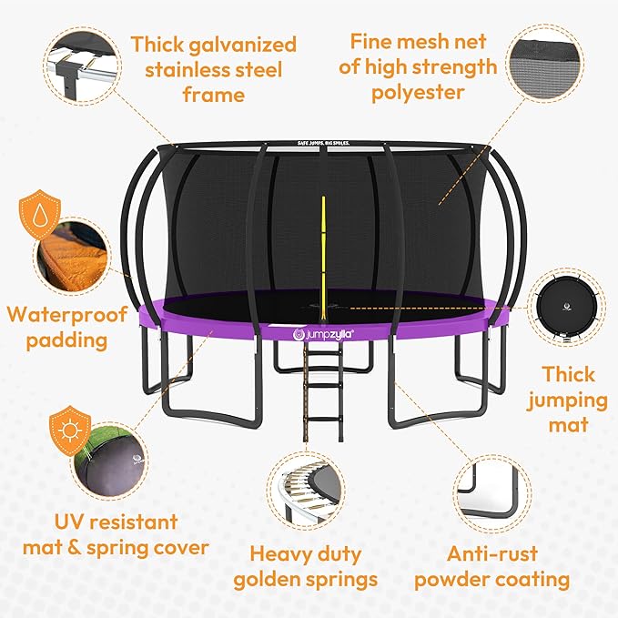JUMPZYLLA Trampoline Outdoor 8FT 10FT 12FT 14FT 15FT 16FT with Enclosure and Ladder, ASTM Approved Recreational Trampoline for Kids and Adults, Anti-Rust Coated Frame