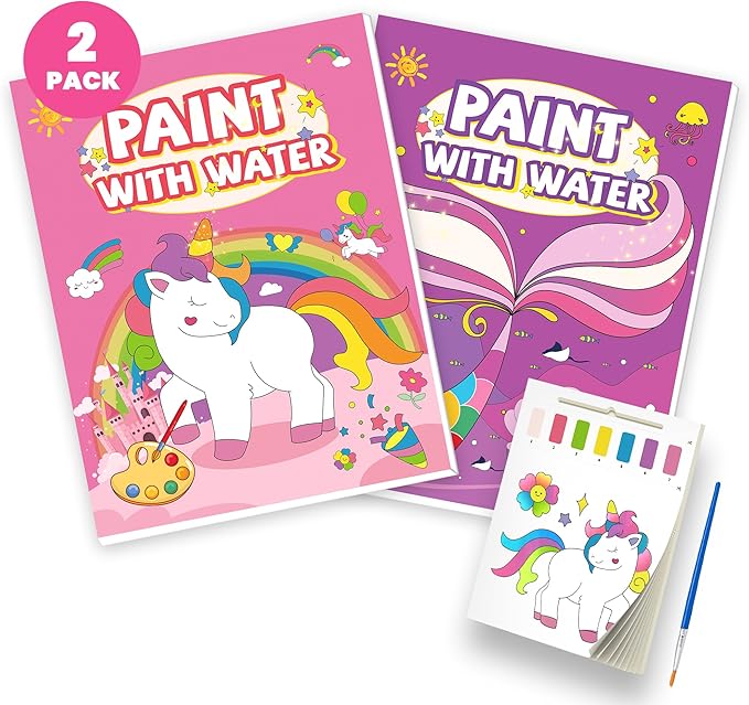 2PCS Paint with Water Books for Kids, Unicorn & Mermaid Watercolor Paint Book Set for Kids,Toddlers Water Color Coloring Painting Drawing Set,Mess Free Toys Gifts for Girls Age 3 4 5 6 7 8