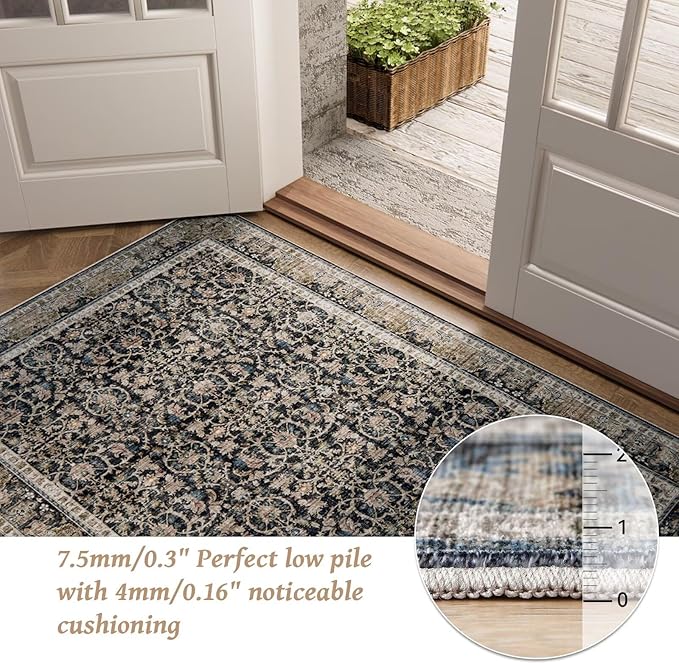 Washable 3x5 Entryway Rug Indoor, Boho Non-Slip Silicone Backing Small Rugs for Kitchen Nursery Office Bedroom, 0.3" Neutral Oriental Throw Carpet with 0.16" Cushioning Pad, Black/Multi