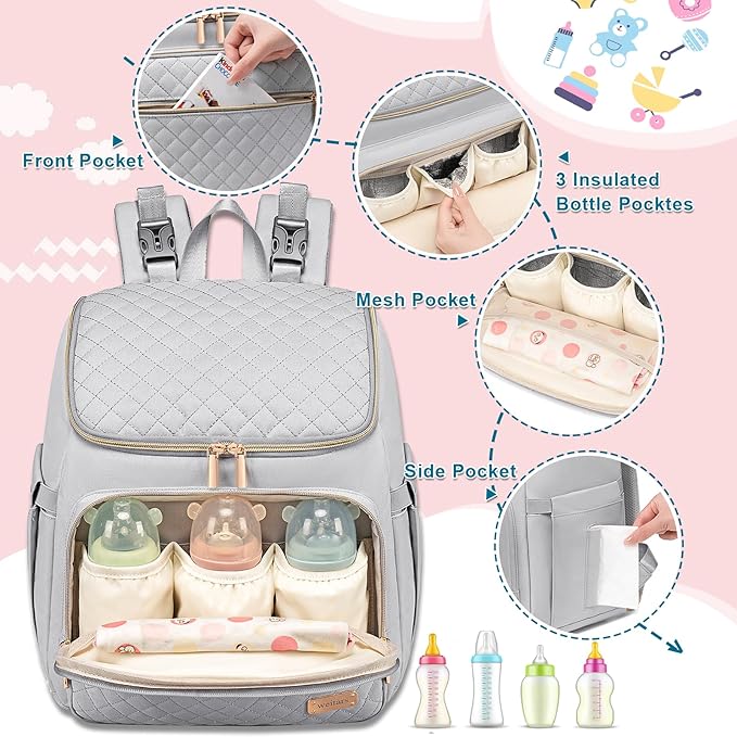 Weitars Diaper Bag Backpack Large Baby Diaper Bag with Changing Pad Travel Diaper Backpack,Baby Bag for Boys Girls,Stroller Straps,5 Insulated Pockets (Gray)