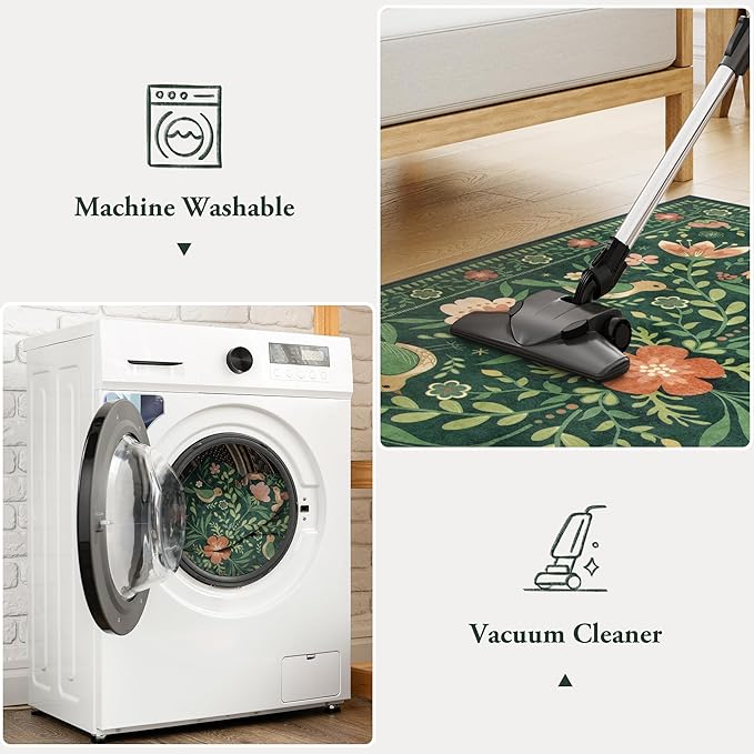 Moynesa Boho Bird 9x12 Area Rug Washable Living Room Rug, Low-Pile Green Floral Bedroom Rugs for Living Room Stain Resistance, Vintage Soft Large Rug for Kids Playroom Nursery