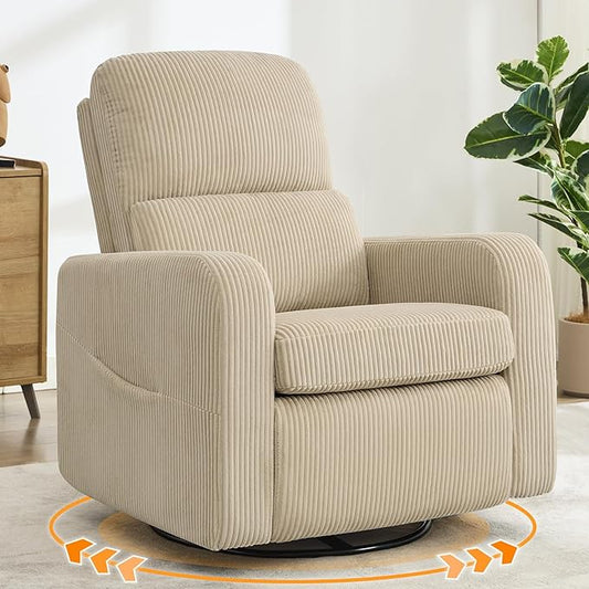 Swivel Rocker Recliner, Oversized Manual Nursery Glider Rocking Recliner Chair with Removable Cushion, Upholstered Swivel Reclining Chair for Nursery Living Room Bedroom, Corduroy Camel