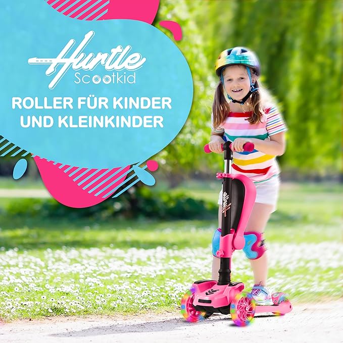 Hurtle 3-Wheeled Scooter for Kids - Wheel LED Lights, Adjustable Lean-to-Steer Handlebar, and Foldable Seat - Sit or Stand Ride with Brake for Boys and Girls Ages 1-14 Years Old