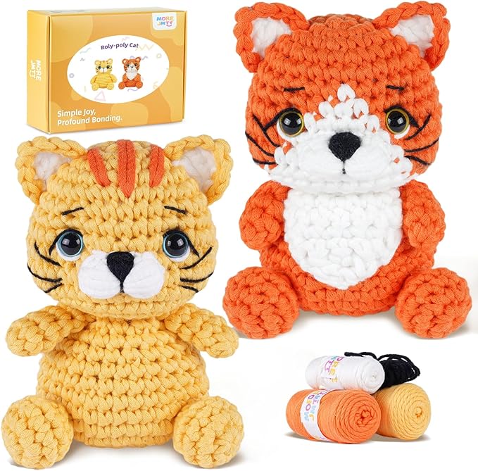 MOREJMTT Crochet Kit for Beginners, Learn to Crochet, Include Easy Knitting Soft Yarn, Step-by-Step Video Tutorial, Hook, Holiday Birthday Gift for Adults and Kids(2pack cat)