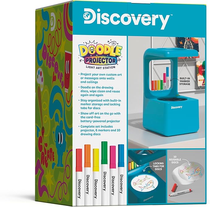 Discovery™ Doodle Projector Light Art Station – Includes 6 Dry-Erase Markers, 10 Reusable Drawing Discs, Project Drawings on Walls & Ceilings| Arts & Crafts Kit for Kids| Tracing Pad Coloring Toy Gift