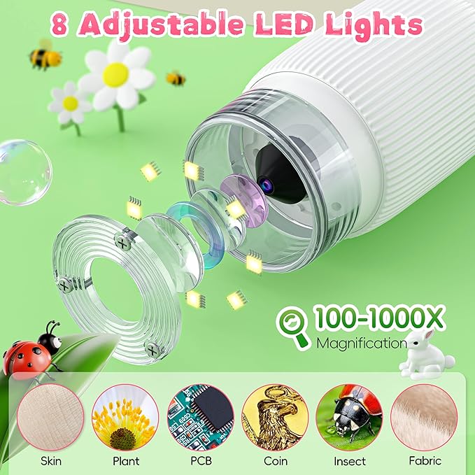 Kids Microscope, Ahalfcit 2 Inch Screen 1000X Zoom Portable Camera Microscope - Science Educational Toys Gift for 3-12 Years Old Boys Girls -White