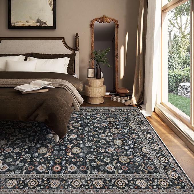 Washable Area Rugs for Living Room: 5x7 Bedroom Rug Vintage Boho Area Rug Stain Resistant Non Slip Low Pile Lightweight Soft Carpets for Living Room Dining Room Kitchen Nursery Kids Room Farmhouse