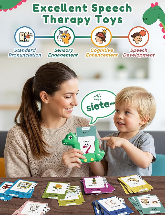 Spanish and English Talking Flash Cards for Toddlers with 510 Sight Words, Dinosaur Shaped Bilingual Pocket Speech Therapy and Autism Toys, Educational Learning Toys Gift for Kid Boys Girls