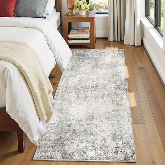 Washable Area Rugs 2'x6' Non-Slip Modern Abstract Soft for Living Room Entryway Bedroom Nursery, Print Pattern, Gray White Grey