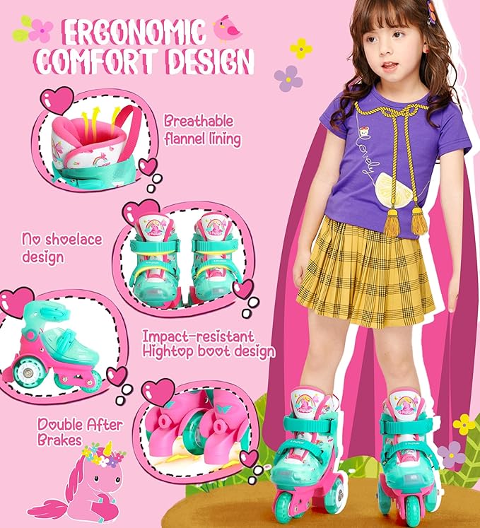 Adjustable Roller Skates for Kids Girls Ladies with Light Up Flash LED Wheels(Age 3-9),Three-Point Type Balance,Gift Box Packing for Toddlers,Children