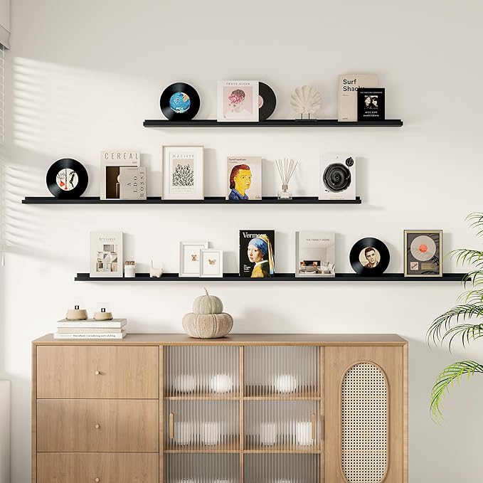 Floating Picture Ledge Shelves for Wall Set of 2, 72 Inches Picture Ledge Shelf with Long Large Nursery Book Shelf for Toys Storage Kids Bookshelf Wall Mounted Living Room Bedroom Decor Frames, Black