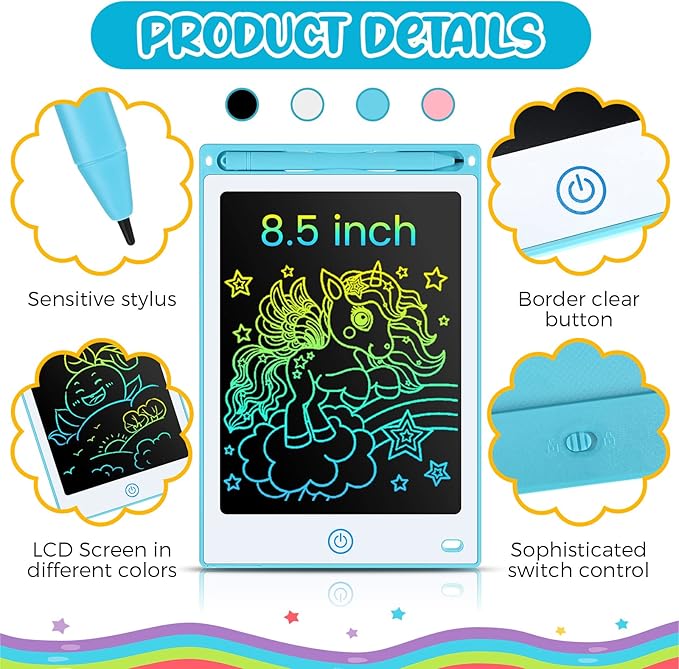 Epakh 16 PCS LCD Writing Tablet for Kids - 8.5 Inch Reusable Writing Board Drawing Doodle Pad Gift for Girl & Boy, Toddlers, Back to School, Birthday Party Favors(Black, White, Light Blue, Light Red)