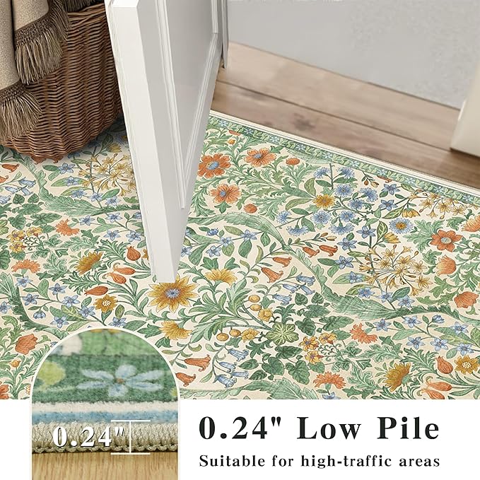 5×7 Grass Green Washable Floral Area Rug,Vintage Boho Soft Low-Pile Living Room Rugs, Stain Resistant Botanical Non-Slip Carpet for Bedroom,Dining Room, Kids Nursery,Home Decor