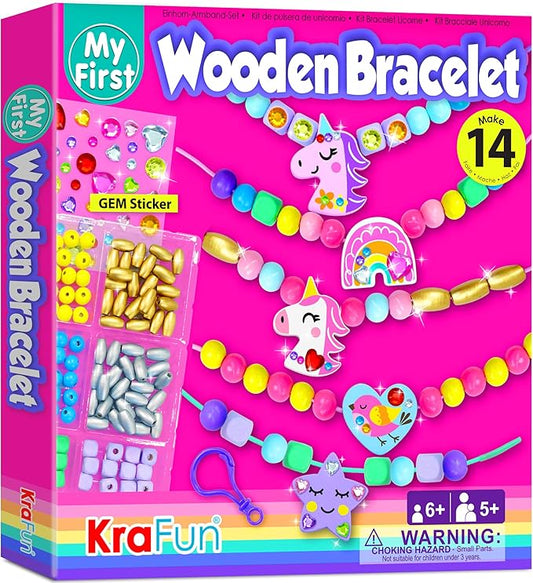 KRAFUN Unicorn Bracelet Craft Kit for Kids, Premium Wooden Beads, 14 Easy DIY Friendship Bracelets, Charms, Gem Stickers, Instructions, Gift for Girls
