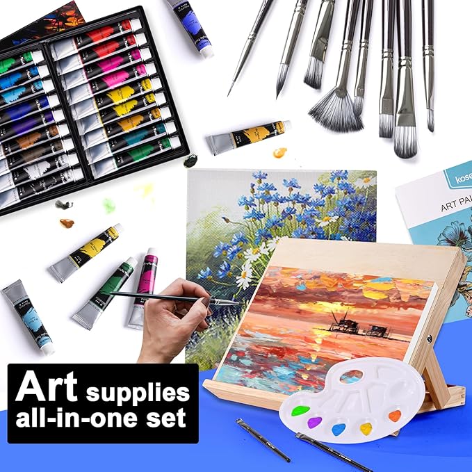 koseibal Acrylic Art Set with 18 Acrylic Paints, 8 Brushes, 4 Stretched Canvas, 1Wooden Easel, Etc, Premium Painting Supplies Kit for Students, Artists Kids, Adults, and Beginner.